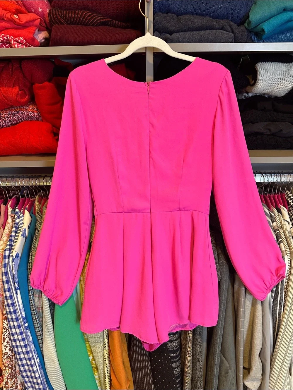 Sage pink long sleeve v neck back zipper closure lined romper size S